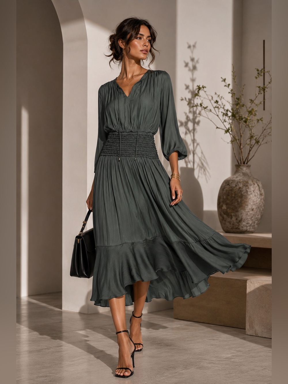 Elegant Green Ruched Waist Maxi Midi Dress – Boho Chic